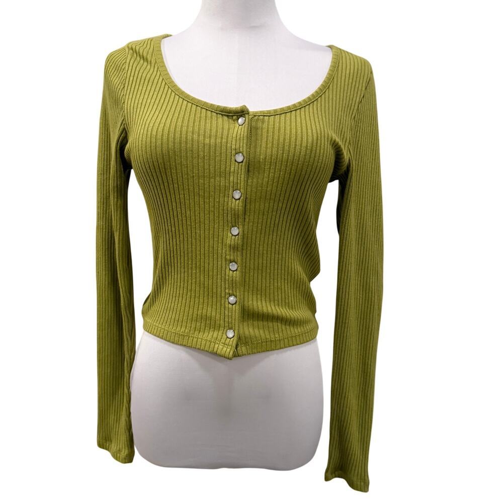 Levis Britt Long Sleeve Ribbed Pistachio Green Snap Front Top Cropped Stretch S